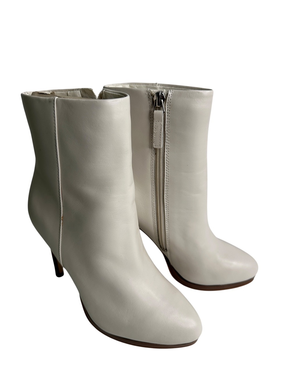 Nine West Querida Leather Ankle Boots Size 5.5 Ivory Cream Stiletto Zip Heels
